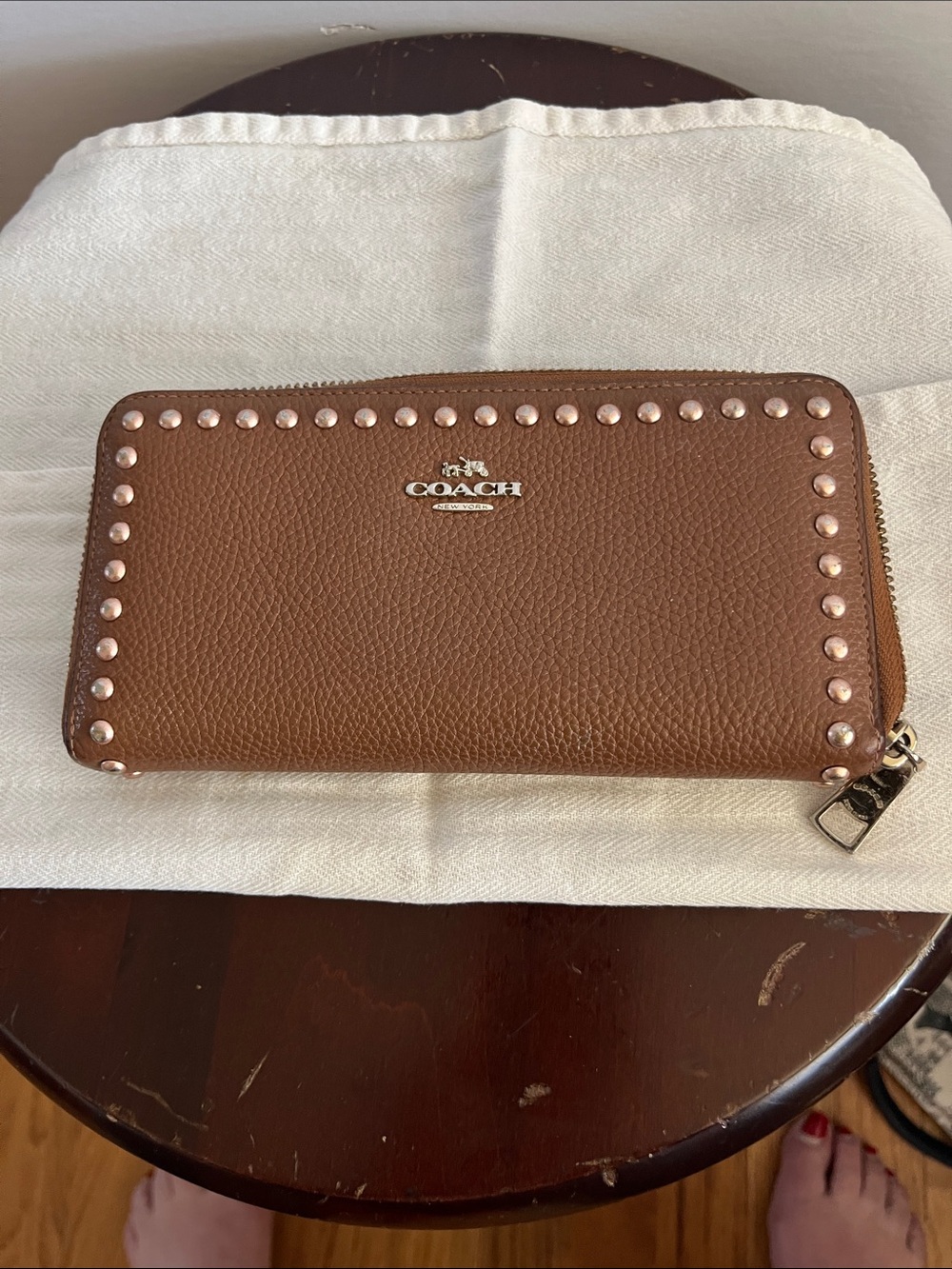 Coach Brown Pebbled Leather Zip Wallet with Stud Accents